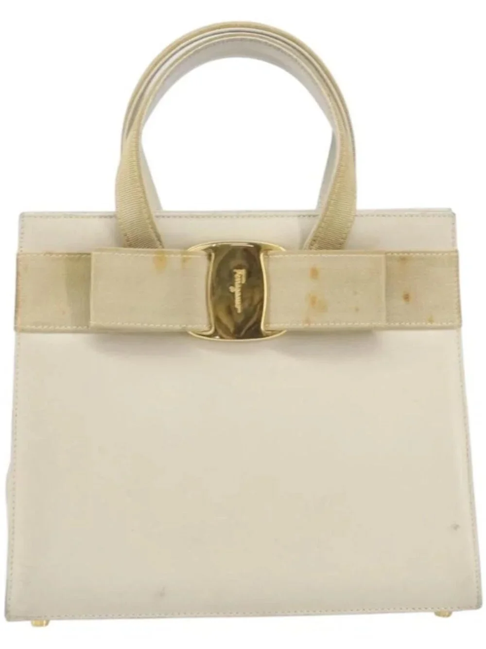 Salvatore Ferragamo Vala Hand Bag Leather White Gold Auth 166678